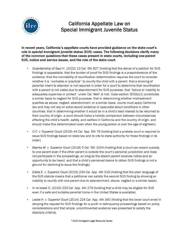 California Appellate Law on Special Immigrant Juvenile Status